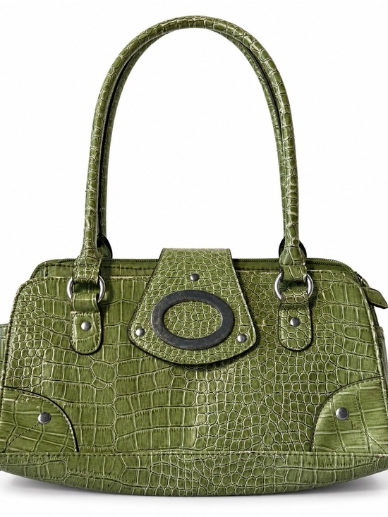 Handbags - Green Crocodile Pattern Shoulder Bag with Flap Closure